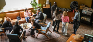Guests listening to vinyl soul records in our wine tasting room
